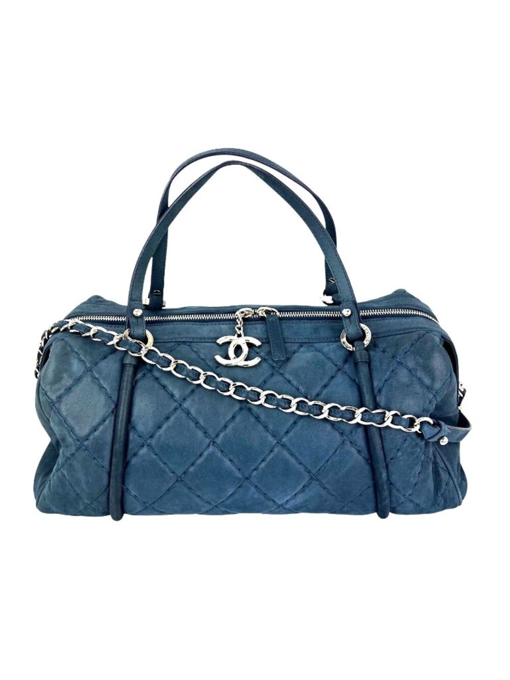 Chanel Relax CC Quilted Calfskin Suede Iridescent Blue Bowler Bag